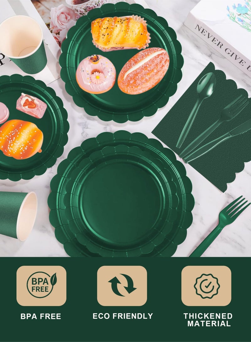 HomarKet 200 Pcs Disposable Paper Plates and Napkins,25 Guest Party Supplies Dinnerware Set Include Scalloped Paper Plates Napkin Cup Straw Plastic Spoon Fork Knive for Party,Wedding,Birthday (Green) - Image 3